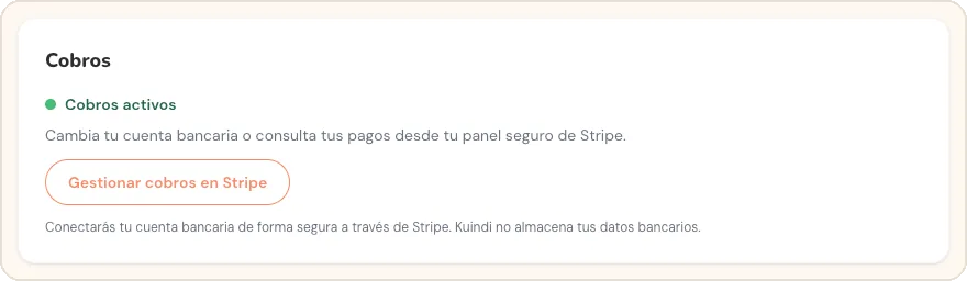 Tarjeta Cobros con el estado Cobros activos y el botón Gestionar cobros en Stripe