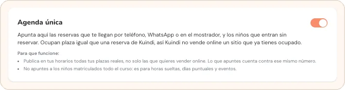 Tarjeta Agenda única en Configuración con el interruptor activado y los dos consejos para que funcione