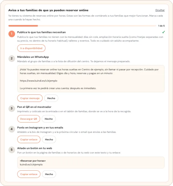 Tarjeta de Inicio Avisa a tus familias con cinco pasos, el mensaje de WhatsApp preparado y los botones Hecho