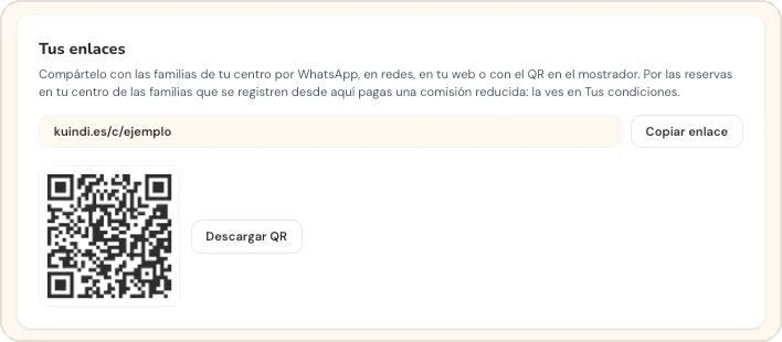 Bloque Tus enlaces con el enlace del centro, el botón Copiar enlace, el código QR y el botón Descargar QR