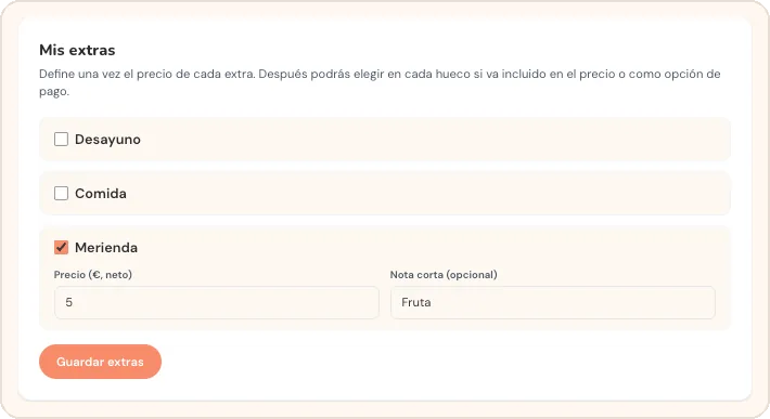 Bloque Mis extras con desayuno y comida sin marcar y merienda marcada con su precio y una nota
