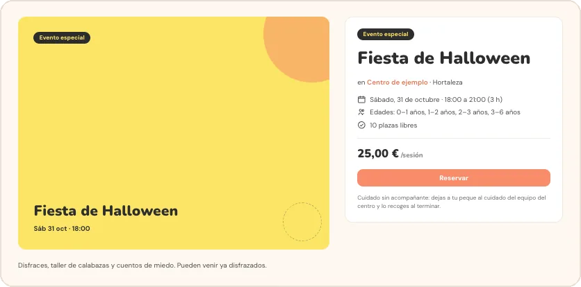 Página pública de un evento especial con la portada, el título, la fecha, las edades, las plazas libres, el precio por sesión y el botón Reservar