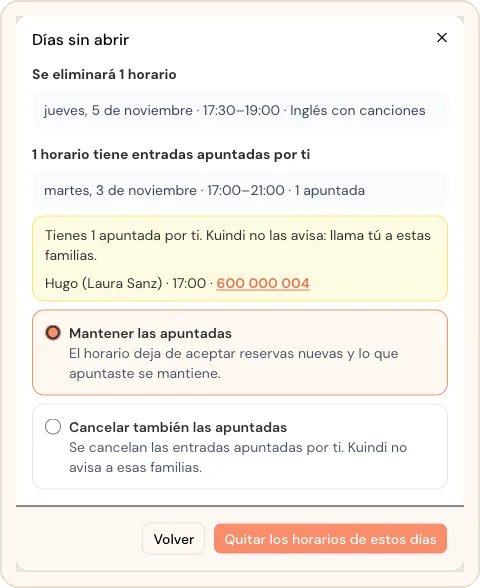 Resumen de Días sin abrir con un horario que se eliminará, otro con una entrada apuntada, el teléfono de esa familia y las opciones Mantener las apuntadas o Cancelar también las apuntadas