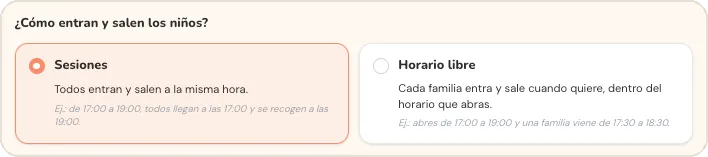 Selector del modo de publicación con las opciones Sesiones y Horario libre