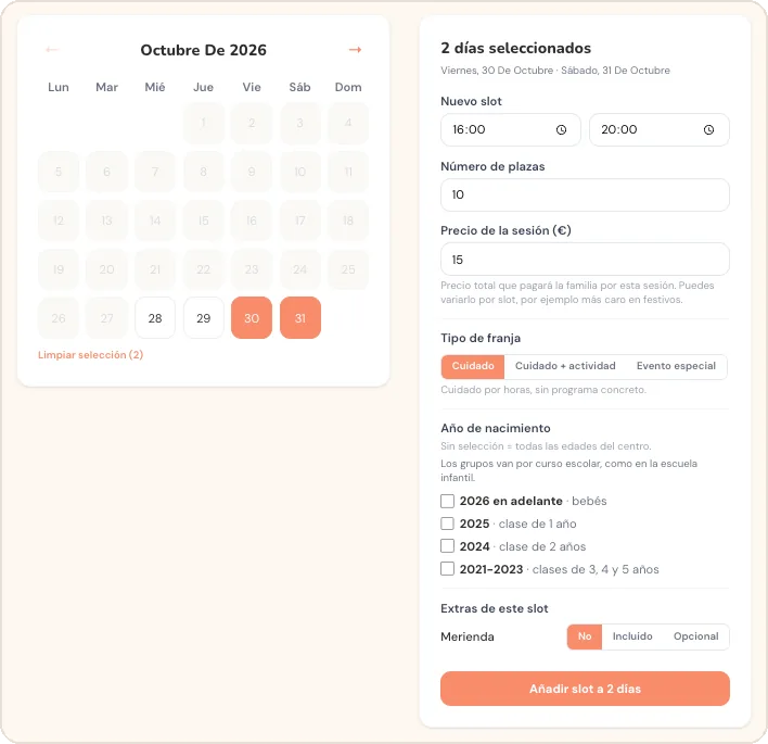 Calendario con dos días marcados y formulario de nueva sesión con horas, plazas, precio, tipo de franja, año de nacimiento y extras