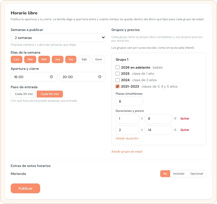 Formulario de horario libre con semanas, días, apertura y cierre, paso de entrada y un grupo con plazas y dos duraciones con precio