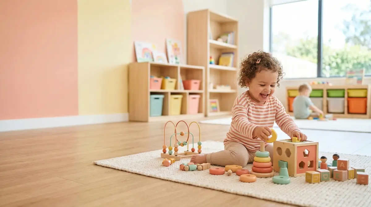 Niña jugando con juguetes de madera en la sala de un centro infantil