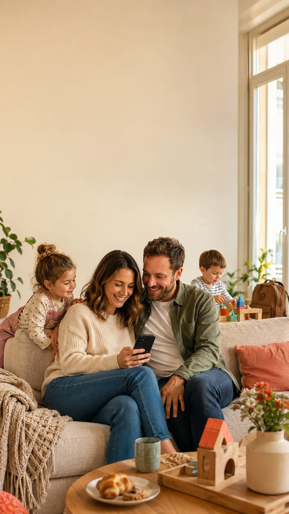 Familia usando kuindi en casa para reservar cuidado infantil flexible